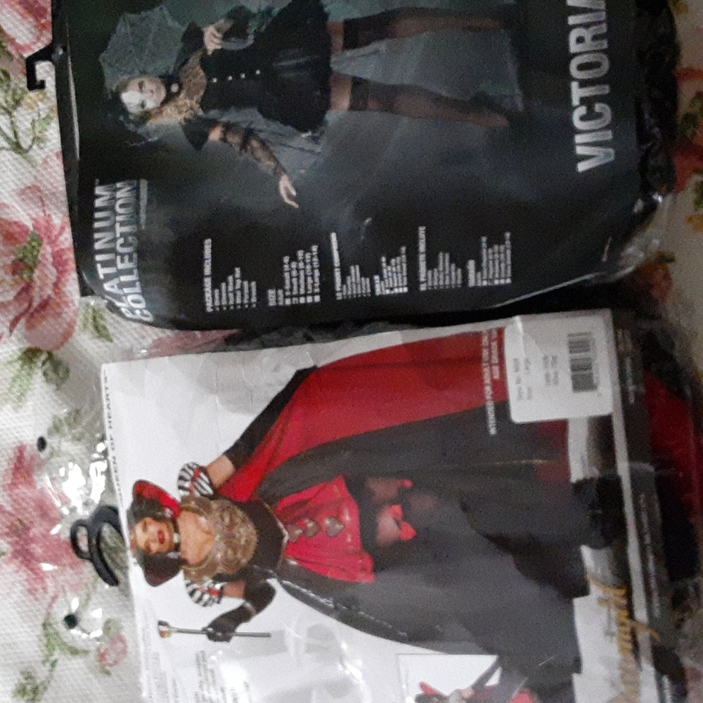 Sold .costumes are sold. Broken Doll Size S Queen of Hearts size L selling both.